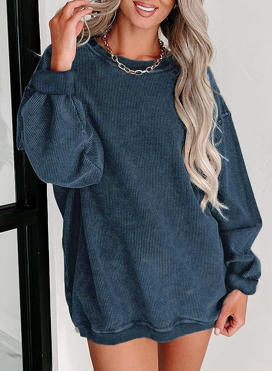 Chvity Womens Crewneck Oversized Corduroy Corded Sweatshirt Casual Long Sleeve Trendy Pullover Comfy Tops - Image 2