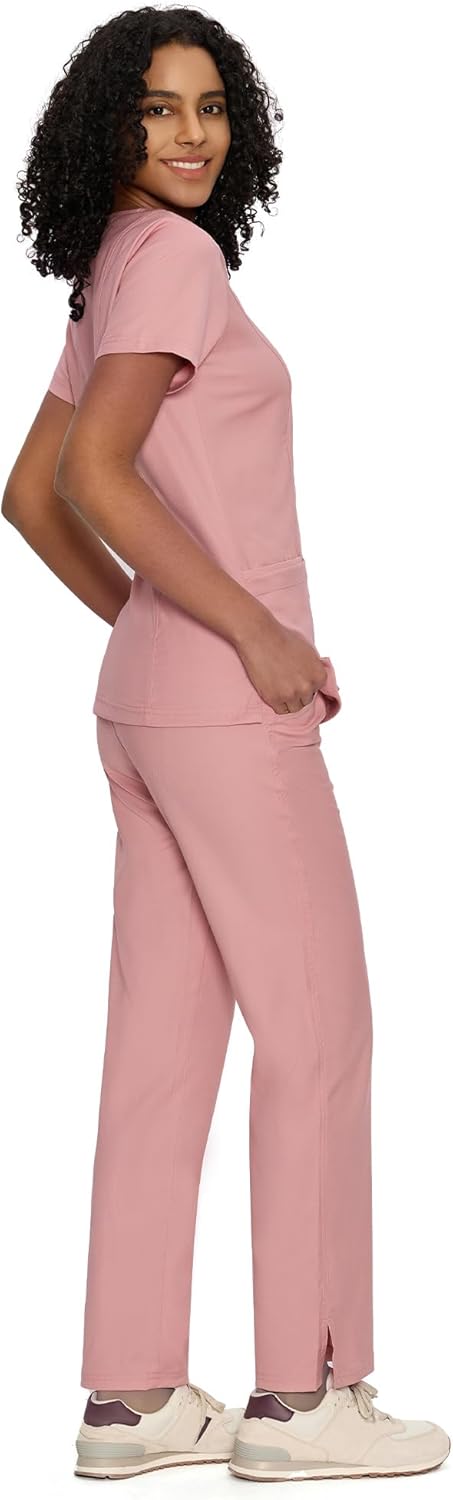 COZYFIT Scrubs for Women - Mock Wrap Top & Straight Leg Pants with 6 Pockets, Back Princess Seams, Soft Fabric - Image 7