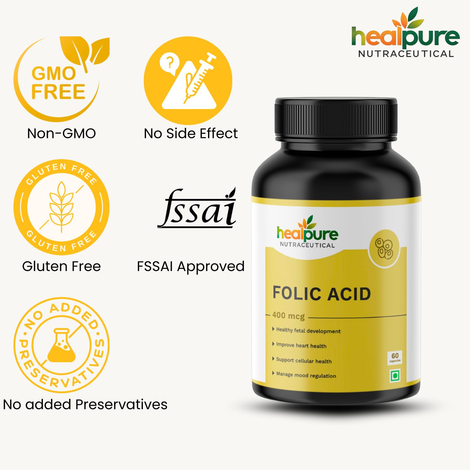 HEALPURE NUTRACEUTICAL Folic Acid 400 mcg - 60 Capsules (Pack of 2) 4