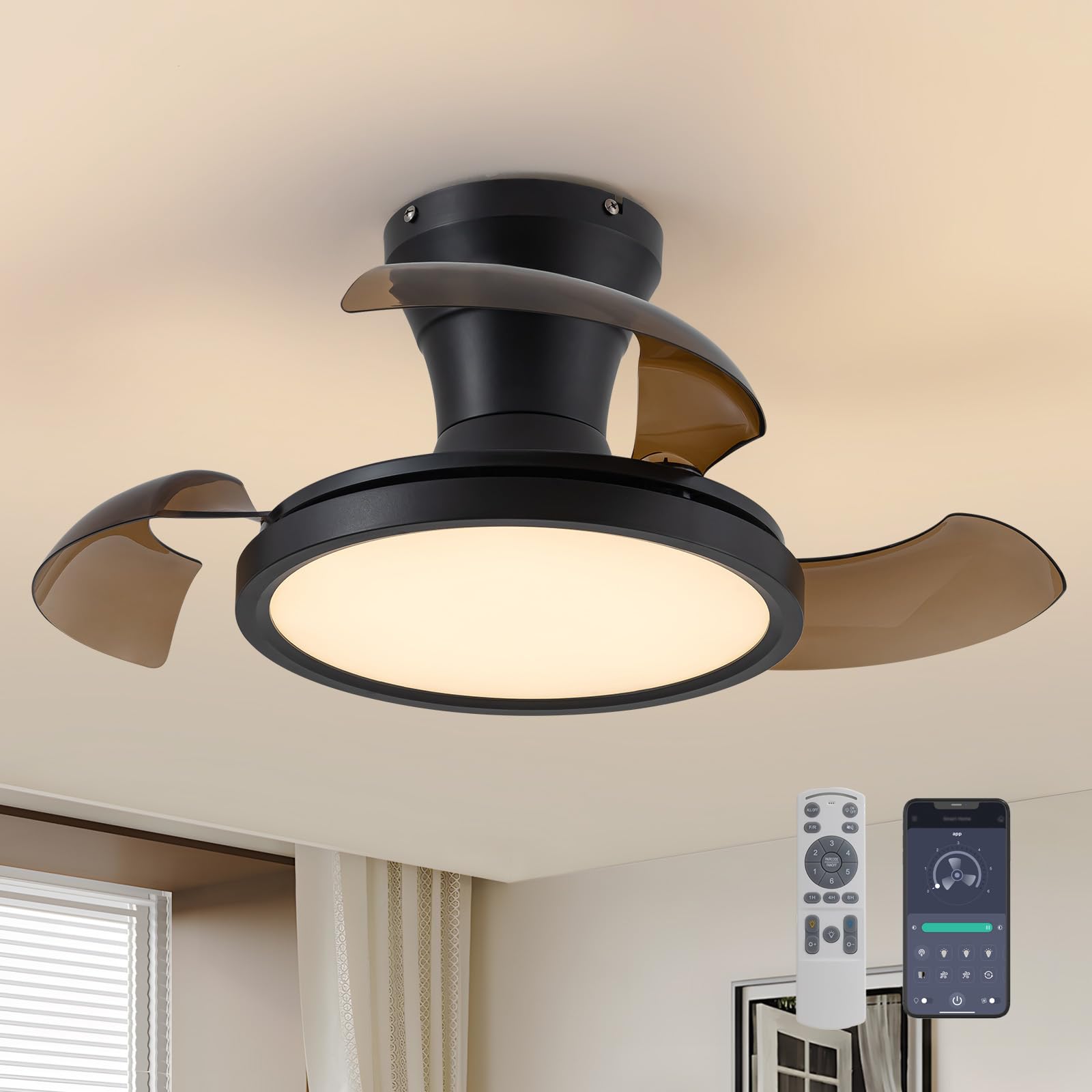 APBEAMLighting - 28" Retractable Ceiling Fan with Light Remote Control, Dimmable 6 Speed, Reversible Small Modern Bladeless Fan Smart Quiet Fan for