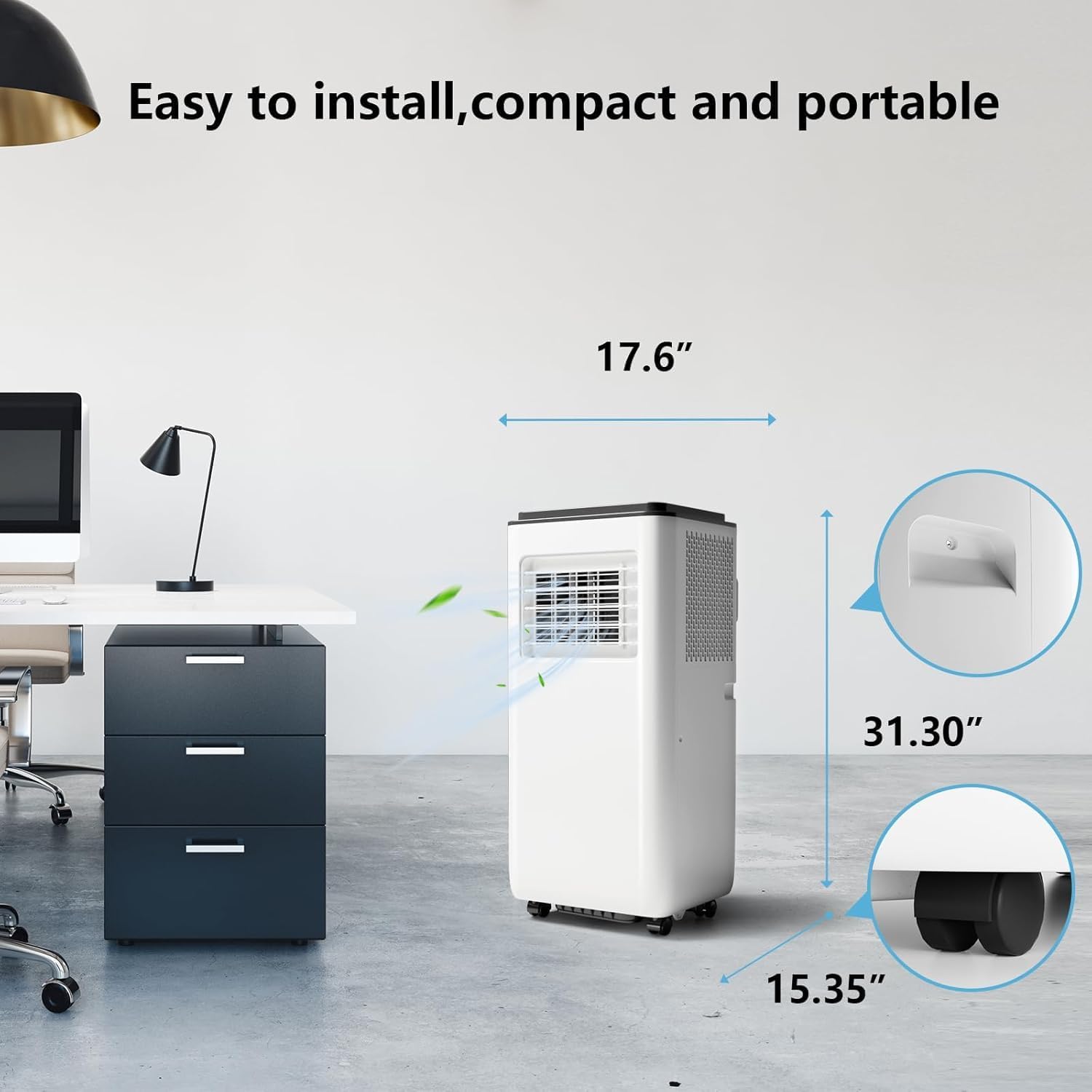 Image showing the compact dimensions of the portable AC unit (17.6 inches wide, 31.30 inches high, 15.35 inches deep) in an office setting, highlighting its portability.