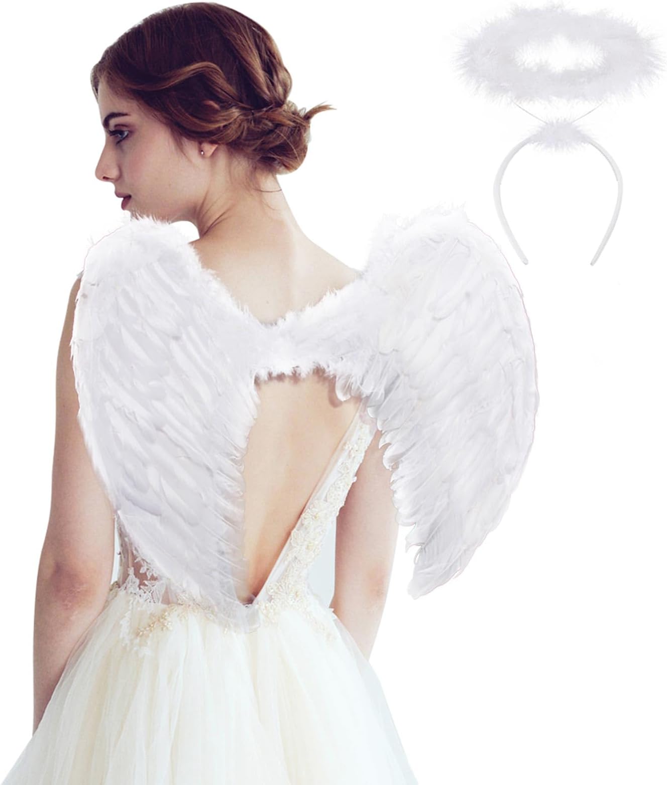 White Angel Wings and Halo Costume for adult, Angel Halo and Wings Angel Costumes for Adults Women Men, Christmas White Feather Angel Wing for Kids Girls Child Teen Boys Children
