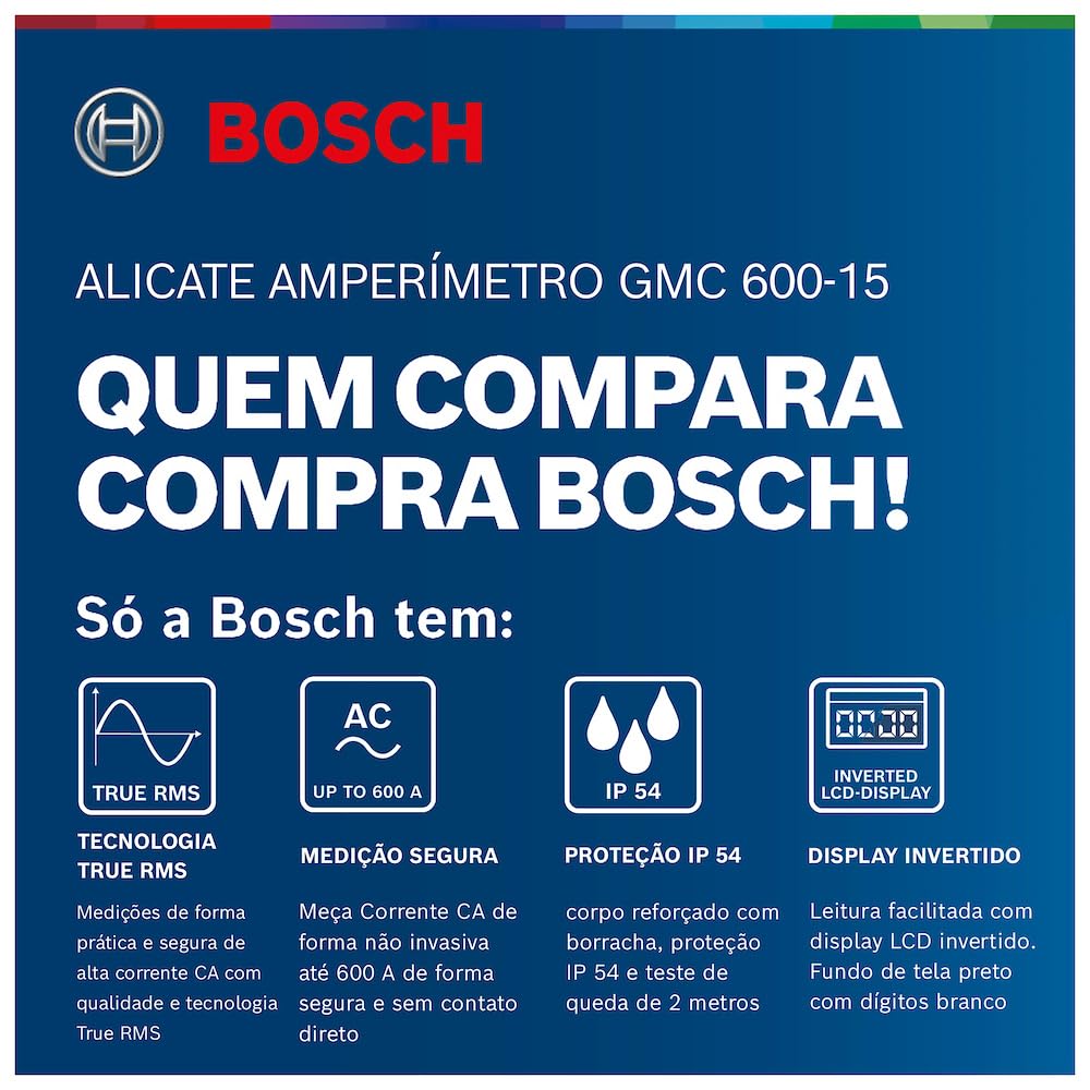 Tester elettrico Bosch Professional GMC 600-15 (Pinza amperometrica True RMS, corrente alternata fino a 600 A, tensione fino a 600 V AC/DC, 2 x 1,5 V LR06 (AA), puntali di misurazione MS 90, custodia)
