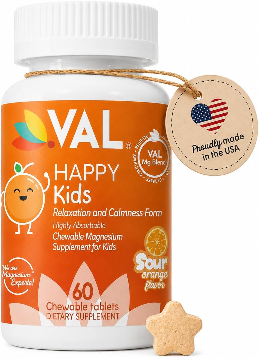 VAL Chewable Magnesium for Kids, Relaxation and Calm Formula, Glycinate, Citrate, Taurate, Vitamin B6, D, C, Natural Orange Flavor, Sugar Free, Gluten Free, Non-GMO, 60 Chewable Tablets