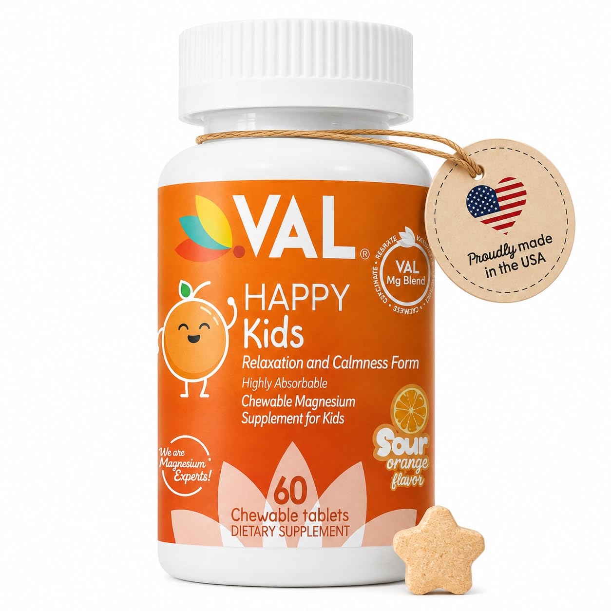 VAL Kids Magnesium | Calm + Focus Formula | 100mg Mg (Glycinate, Citrate, Taurate) + B6, D3, C | Sugar-Free, Non-GMO | Fun Chewable Tablets | Orange Flavor | 60 Ct Sour Orange 60 Count (Pack of 1)