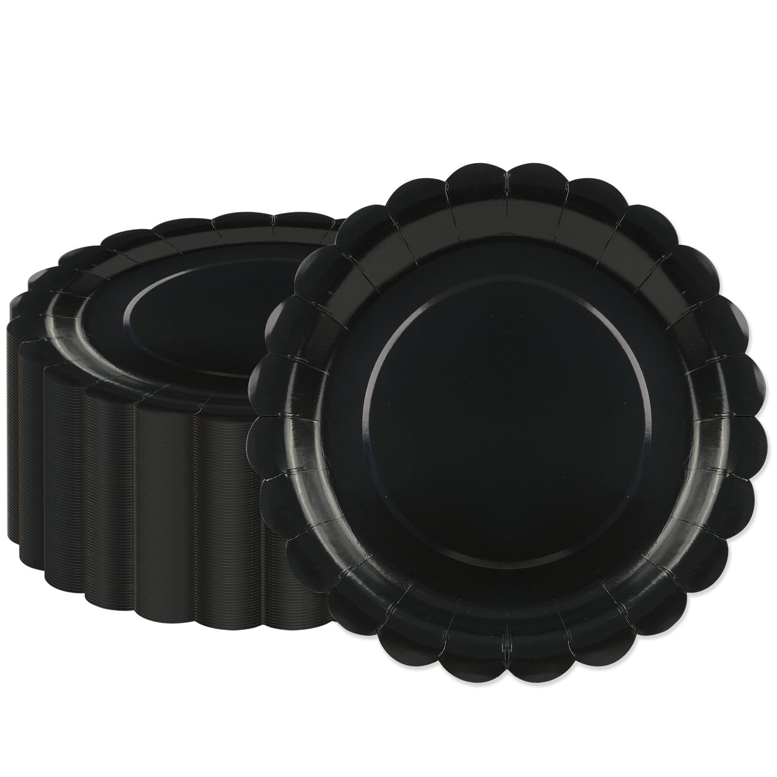 BOKFJBP 50Pcs Black Paper Plates-Disposable 7" Black Scalloped Dessert Plates Birthday Dinnerware Set Party Supplies for Birthday Wedding Baby Shower