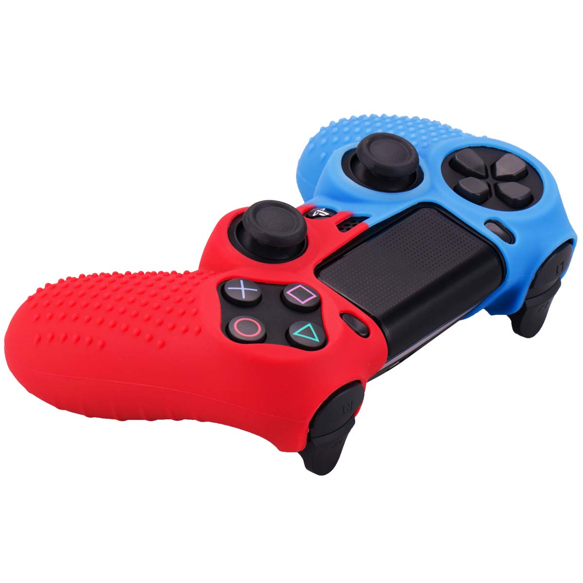 YoRHa Studded Dots Silicone Rubber Gel Customizing Cover for Sony PS4/slim/Pro Dualshock 4 Controller x 1(Red&Blue) with Pro Thumb Grips x 8