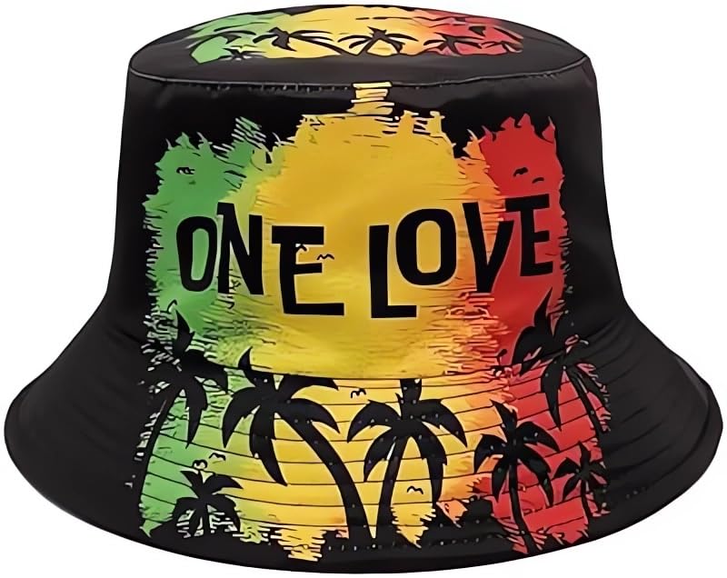Ideeze One Love Music Reggae Rasta Jamaican Mens Womens Bucket Hat Packable Lightweight Outdoor Hat