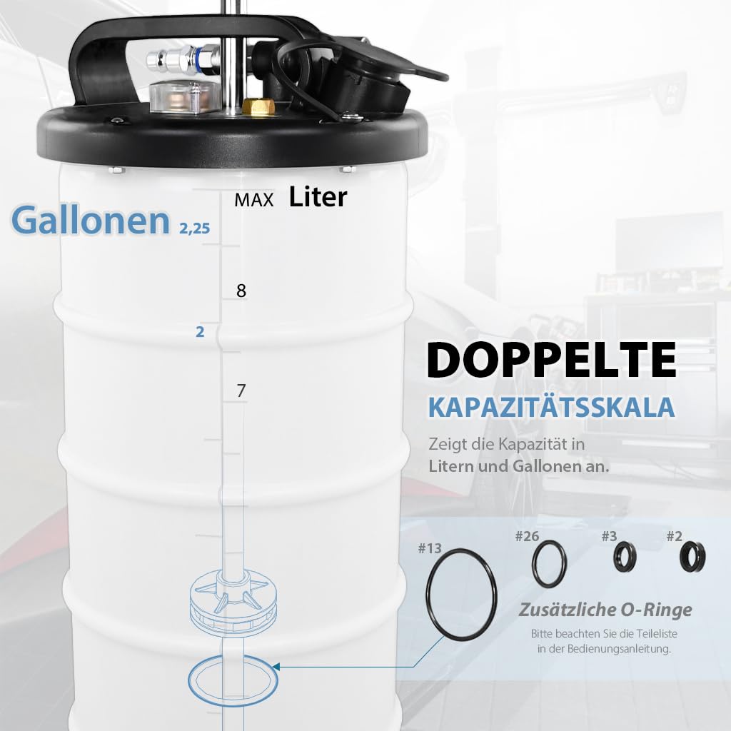 FIRSTINFO A1108EUY5 Patented Taiwan 3. Generation 9 L Hergestellt in Taiwan | Ölabsaugpumpe pneumatisch & manuell, patentiert, mit Manometer, 130 cm Schlauch, 5 Leitungen inkl. extra dünner Schlauch