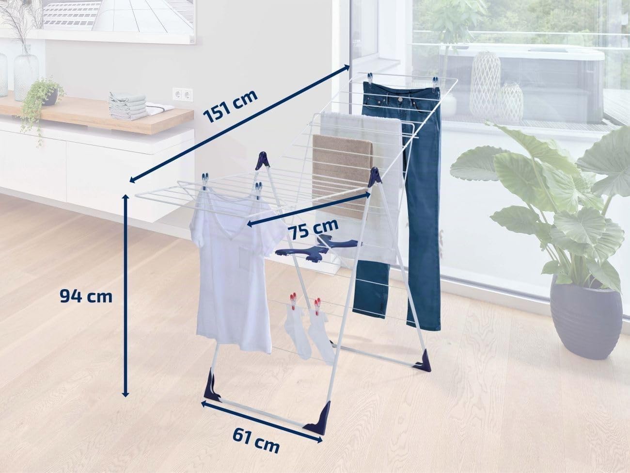 Leifheit Wäscheständer Classic 200 Flex, 20 m Trockenlänge, klappbar | Wäschetrockner 2 höhenverstellbare Flügel, Easy-Opening Funktion, witterungsbeständige Stäbe, für ca. 2 Waschladungen, weiß