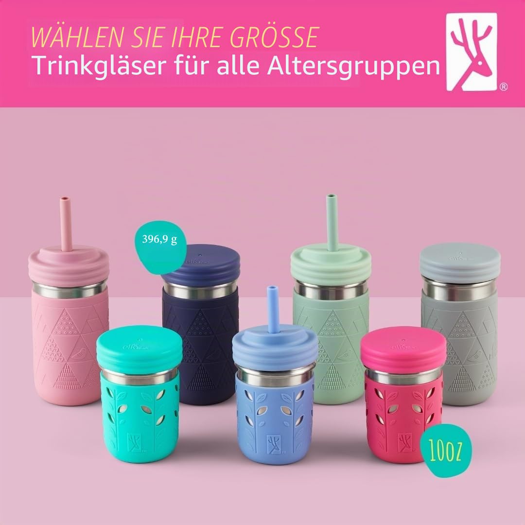 Elk and Friends 400 ml SS-Gläser Edelstahl Kinder Trinkbecher | Mason Jar mit Silikonhülle & Deckel | Silikon Strohhalm | Smoothie Becher | Auslaufsicher | Spülmaschinengeeignet | 2er Set