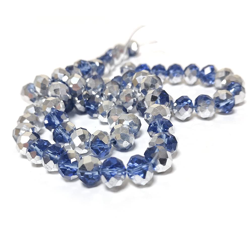 Blue/Silver Czech Crystal Faceted Rondelle Beads 6mm x 8mm Strand of 65+ Pieces