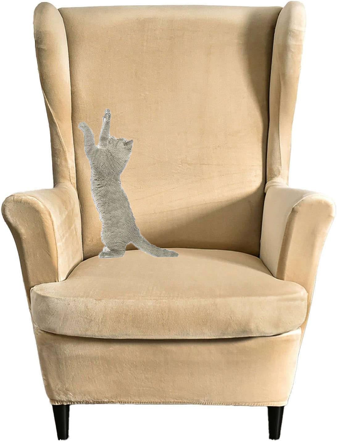 HACLEN Velvet Wingback Chair Cover 2 Pieces, Wingback Armchair Slipcover Stretch Wing Chair Cover Removable for Living Room (khaki,one size)