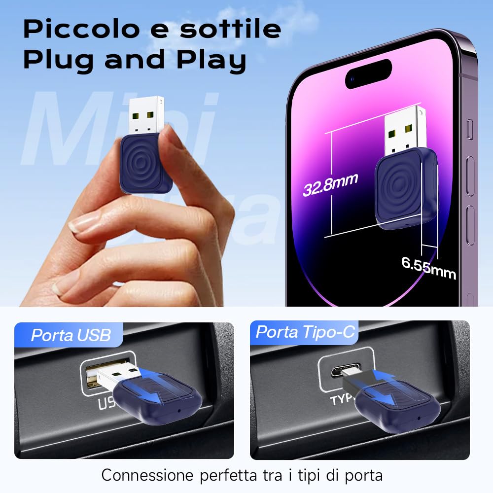 Carlinkit Mini adattatore per auto Ultra Wireless CarPlay & Android – Plug & Play Dongle per iPhone e Android, converte cablata a wireless, USB-A/USB-C, compatibile con auto cablate OEM