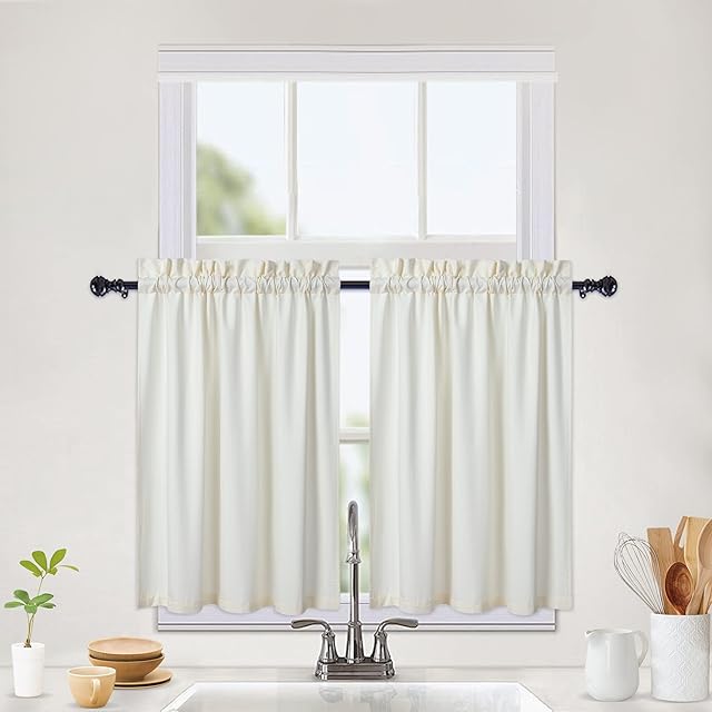 CAROMIO Waterproof Kitchen Curtains Embossed Textured Tier Curtains Short Cafe Curtains Small Half Window Treatment Curtains for Kitchen Bathroom Bedroom Living Room, 2 x 30 W x 24" L, Beige