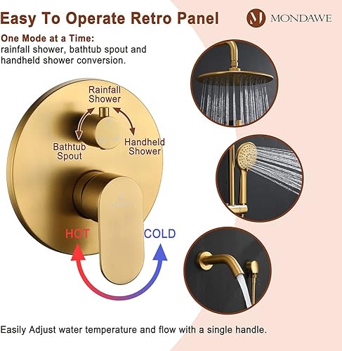 Miniatura 4 de MONDAWE Juego de grifo de ducha montado en la pared de 8 pulgadas con boquilla de bañera en oro cepillado, cabezal de ducha de lluvia con 3 ajustes,