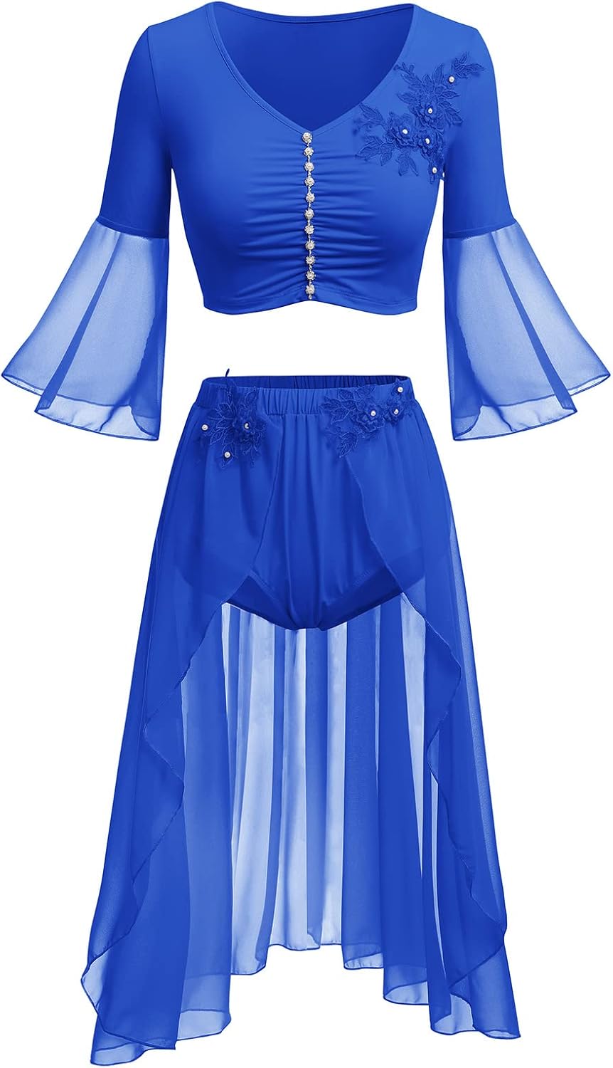 ODASDO Women Lyrical Dance Costume Flare Sleeve Crop Top Chiffon Flowy Skirted Leotard Two Piece Outfit