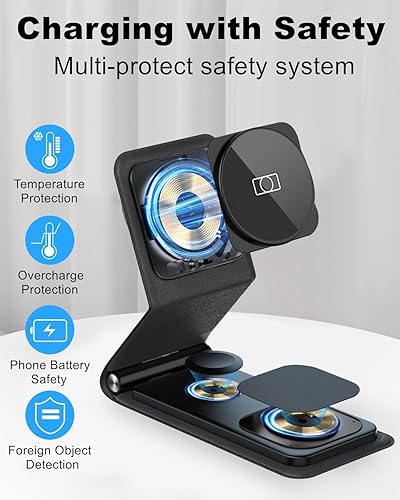 Miniatura 6 de Cargador inalámbrico magnético, estación de carga 3 en 1 de cuero para múltiples dispositivos Apple, soporte plegable de viaje rápido para iPhone 15