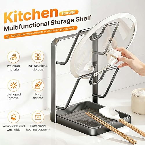 Miniatura 3 de Kitchen Pot Lid Storage Rack 2026 New - Multifunctional Space-Saving Countertop Organizer for Kitchen (Grey, Single-layer)