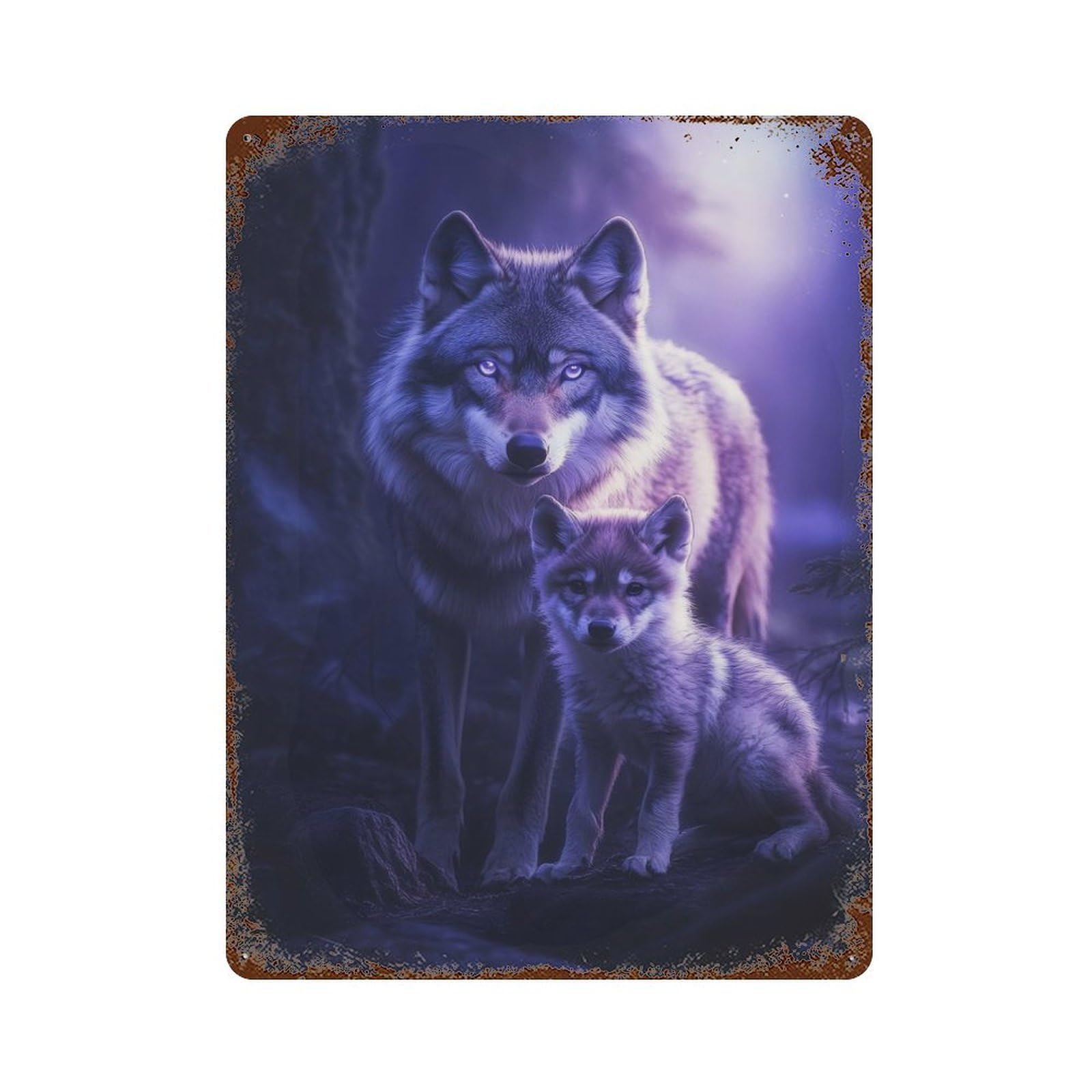Rustic Tin Plaque with Wolf And Pup in Moonlight Design 15.7"x11.8", for Cafe, Home Bar And Lounge Decor, Industrial Home Decor