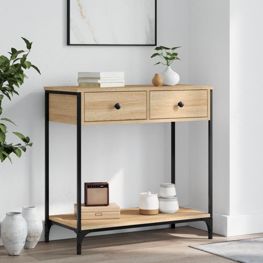 Table console avec tiroir 75 x 34,5 x 75 cm Table basse en bois avec étagères Table d'appoint avec tiroir Bois et métal chêne Sonoma