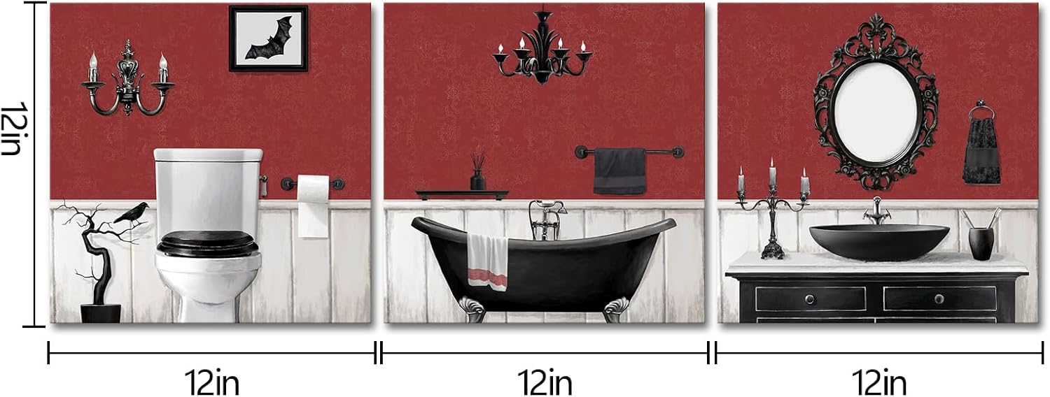 Visual Art Decor Gothic Bathroom Decor Goth Bathroom Wall Art Framed Ready to Hang 12x12inchx3Pieces (Red)