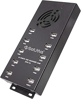 Premium Design USB 2.0 Hub - Multi-Safety Protection 10-Port Powered USB Hub 2.0 with AC Adapter - USB Splitter with Cooling Fan and Mounting Brackets - Aluminum Charging Hub for Multiple Devices