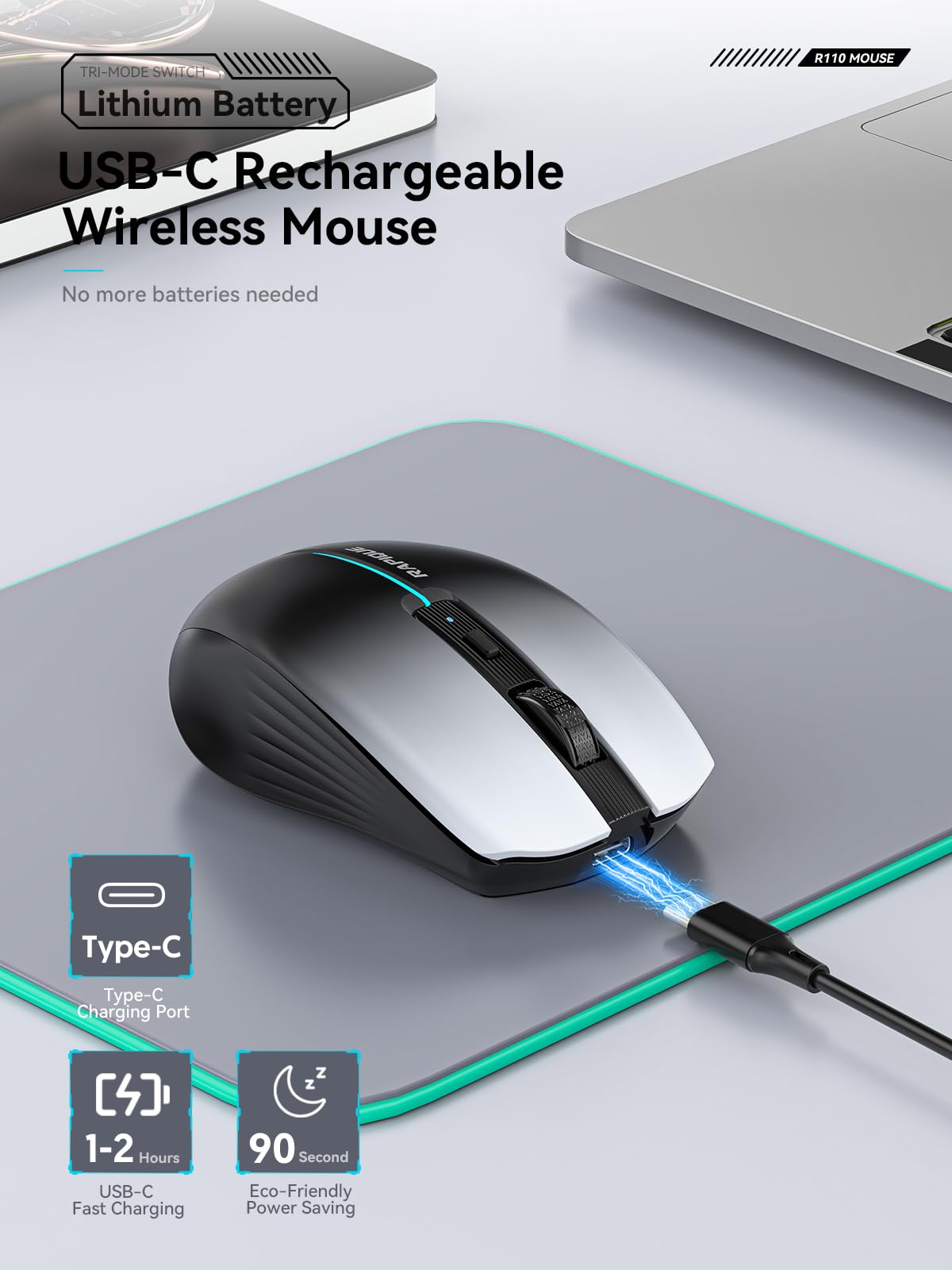 RAPIQUE Mouse senza fili Bluetooth – Bianco a Nero Gradiente, Doppia connettività Bluetooth 5.1 e 2.4G, Silent Click, Ricaricabile, Ergonomico 6 Tasti per Windows/MacOS/Android/Laptop/MacBook/iPad
