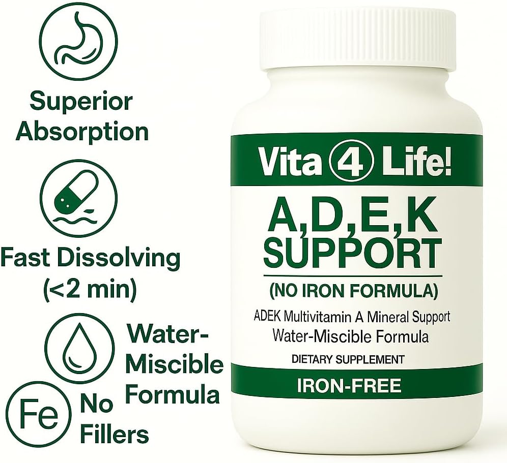Vita4Life!® ADEK Fat Soluble Vitamins A D E K - High Absorption Bariatric Multivitamin - No Iron Formula with B-Complex & Calcium - 60 Fast Dissolving Capsules for Post Surgery & General Health