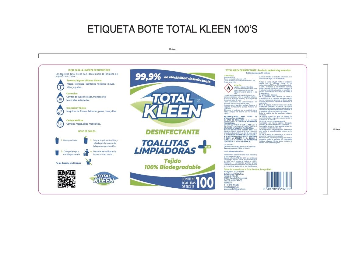 Toallitas de limpieza multiusos Total Kleen para todas las superfícies - 100% Biodegradable - Limpieza en una sola pasada - Envase 100% Reciclable - Bote 100 Toallitas Desinfectantes