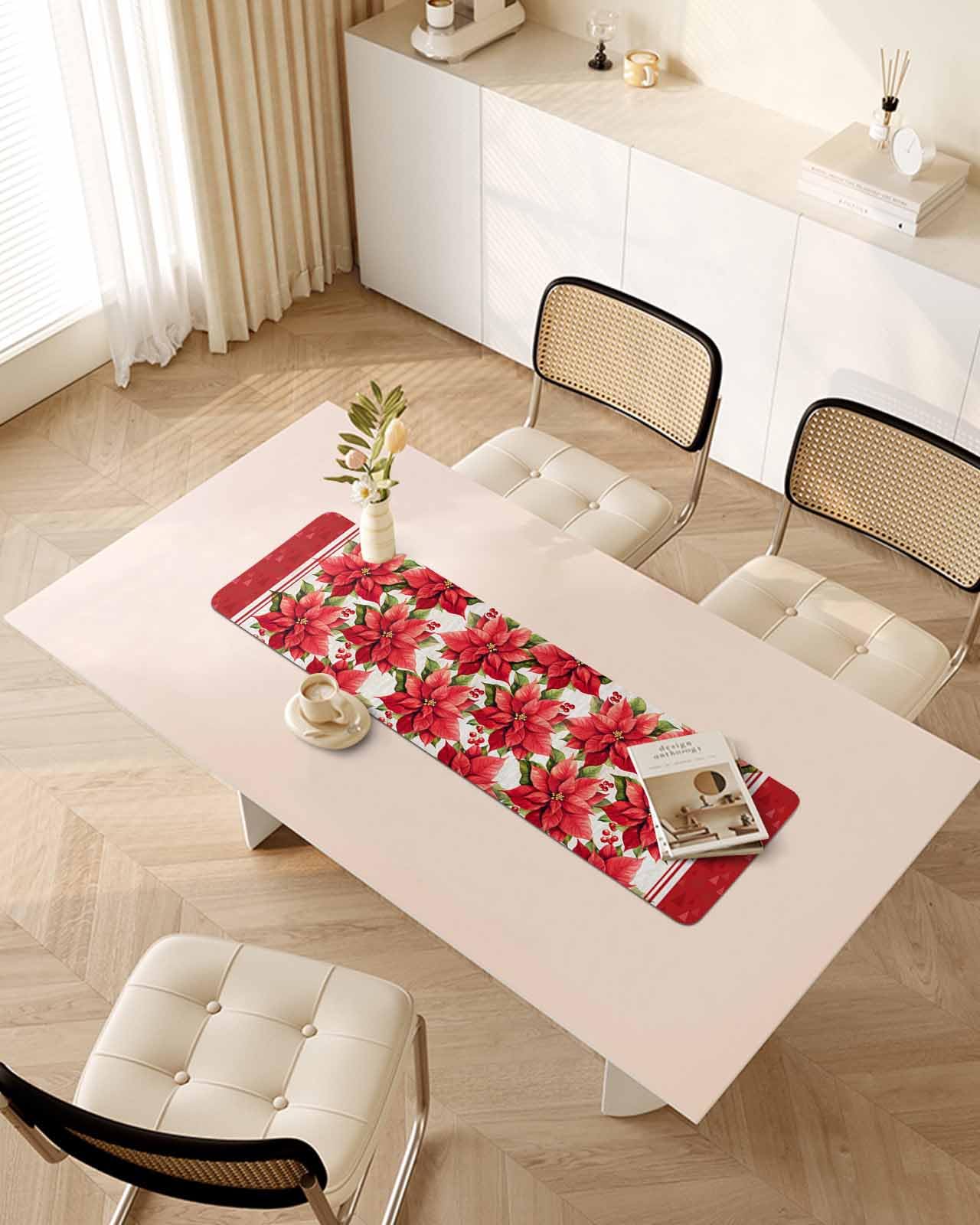 Debedcor Heat Proof Table Pads Waterproof Decorative, Red Christmas Poinsettia Non-Slip Table Countertop Protector, Farmhouse Xmas Flowers Winter Insulation Mat for Kitchen Room, 40 x 12 Inches