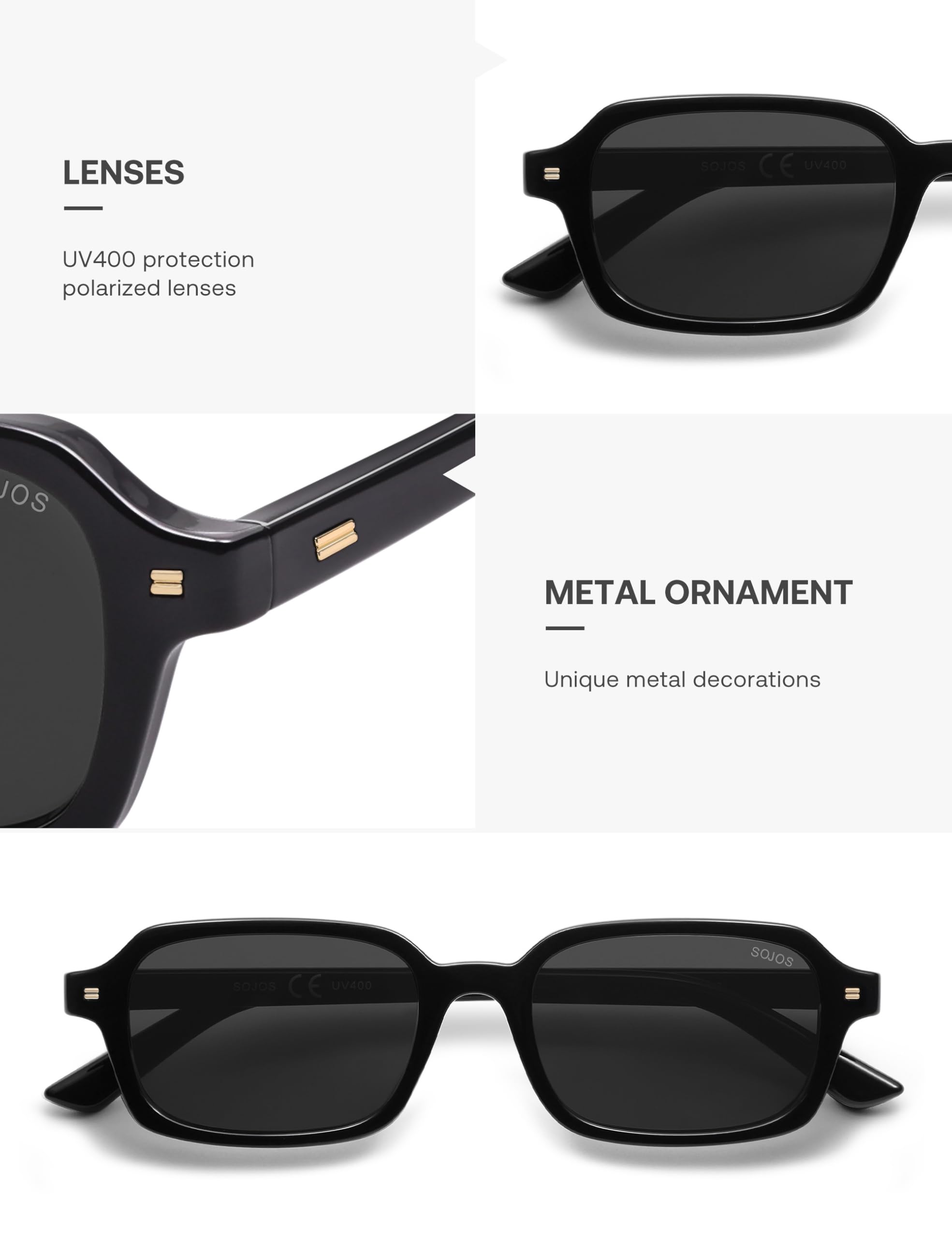 SOJOS Retro Polarisierte Rechteckige Sonnenbrille Damen Herren Vintage Trendy Shmal Quadratisch Sonnerbrillen mit UV400 Schutz SJ2610