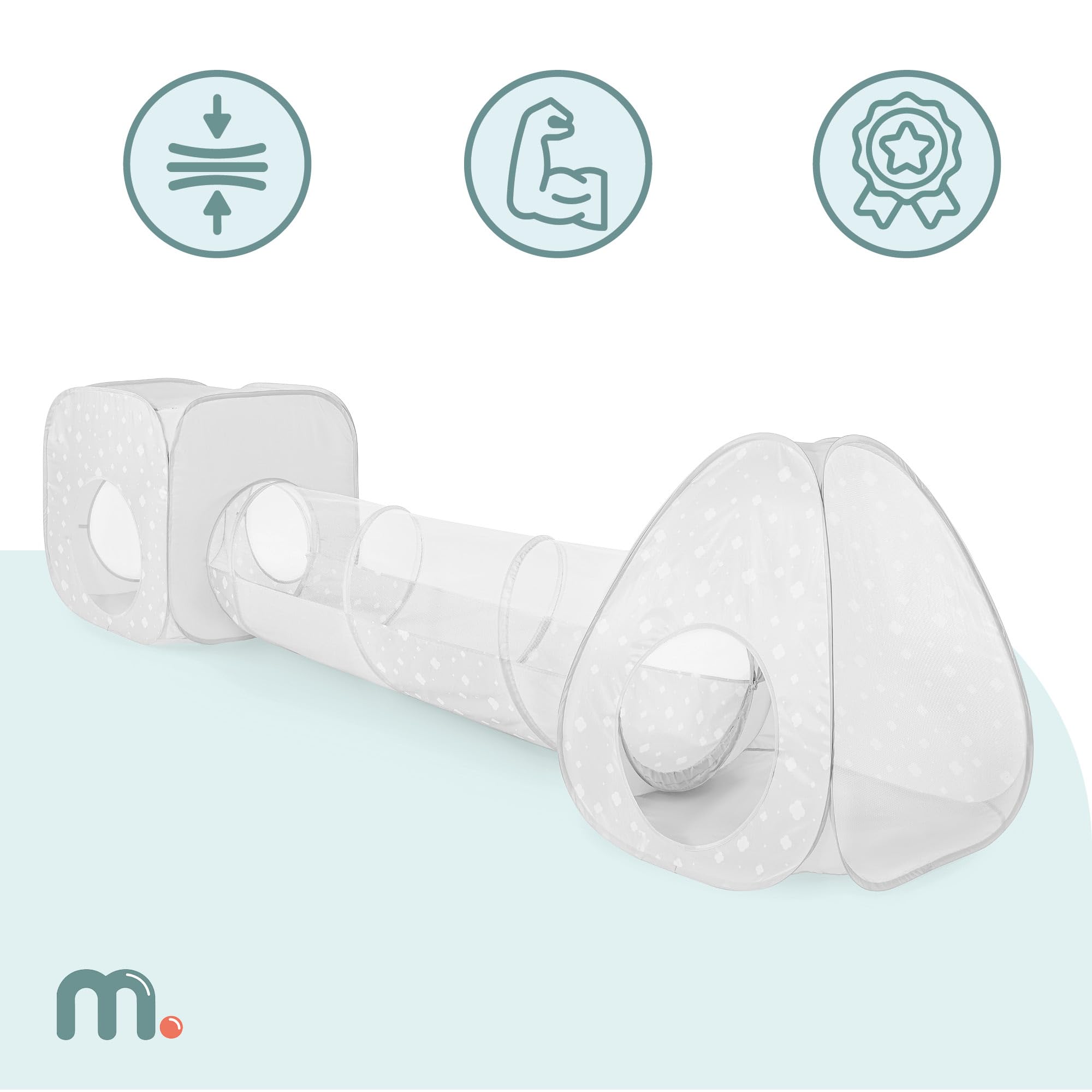 mamabrum 3-in-1 Spielzelt Set für Kinder, Dreieckszelt mit Tunnel und Spielwürfel, Polyester, Grau mit weißem Muster, 80 × 80 × 86 cm, ab 36 Monaten, Indoor