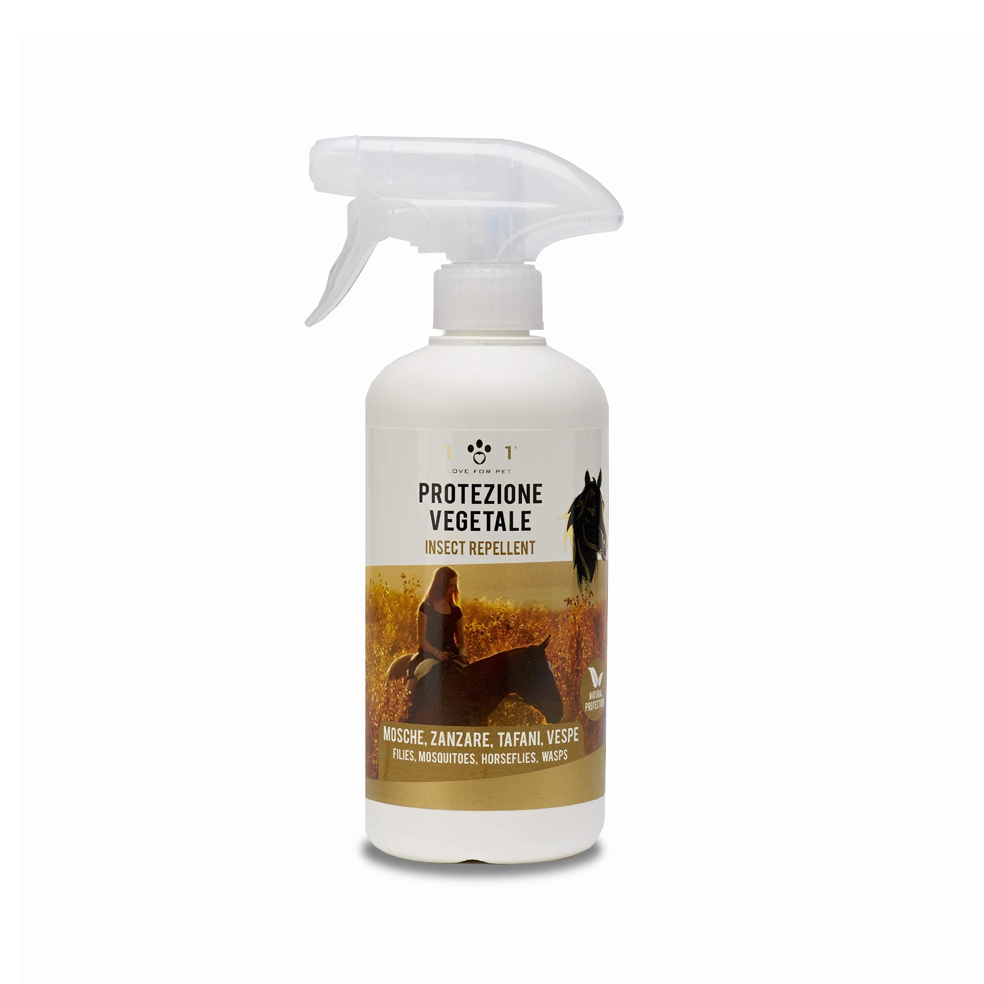 Spray Protección Natural, 500ml - Repelente específico contra moscas, tábanos, avispas, mosquitos, mosquitos etc - Extractos naturales de clavel, geranio, citronela - para caballos, Linea 101