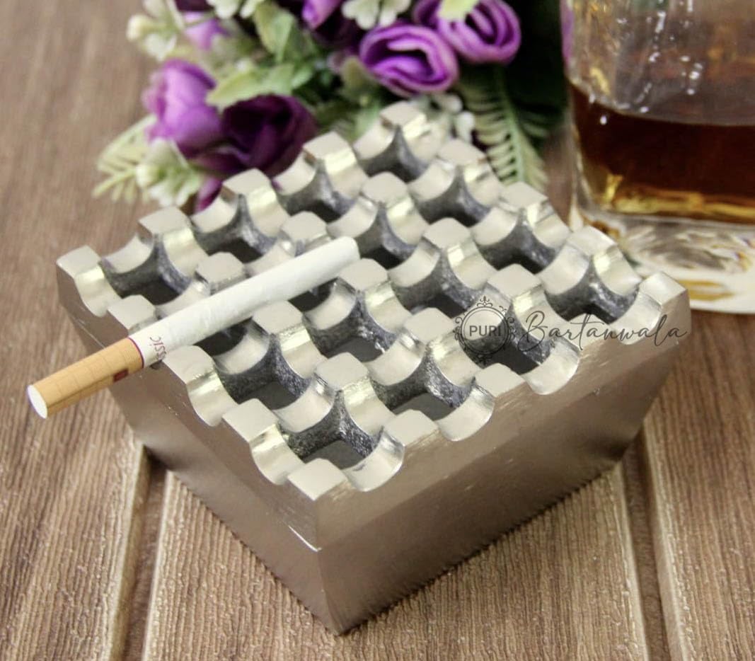 PURI - Aluminium Cigar/Cigarette Ashtray,16 GRIDS/Holes, Windproof Tabletop,Nickel MATT Finish - Hand Crafted in India-image-15