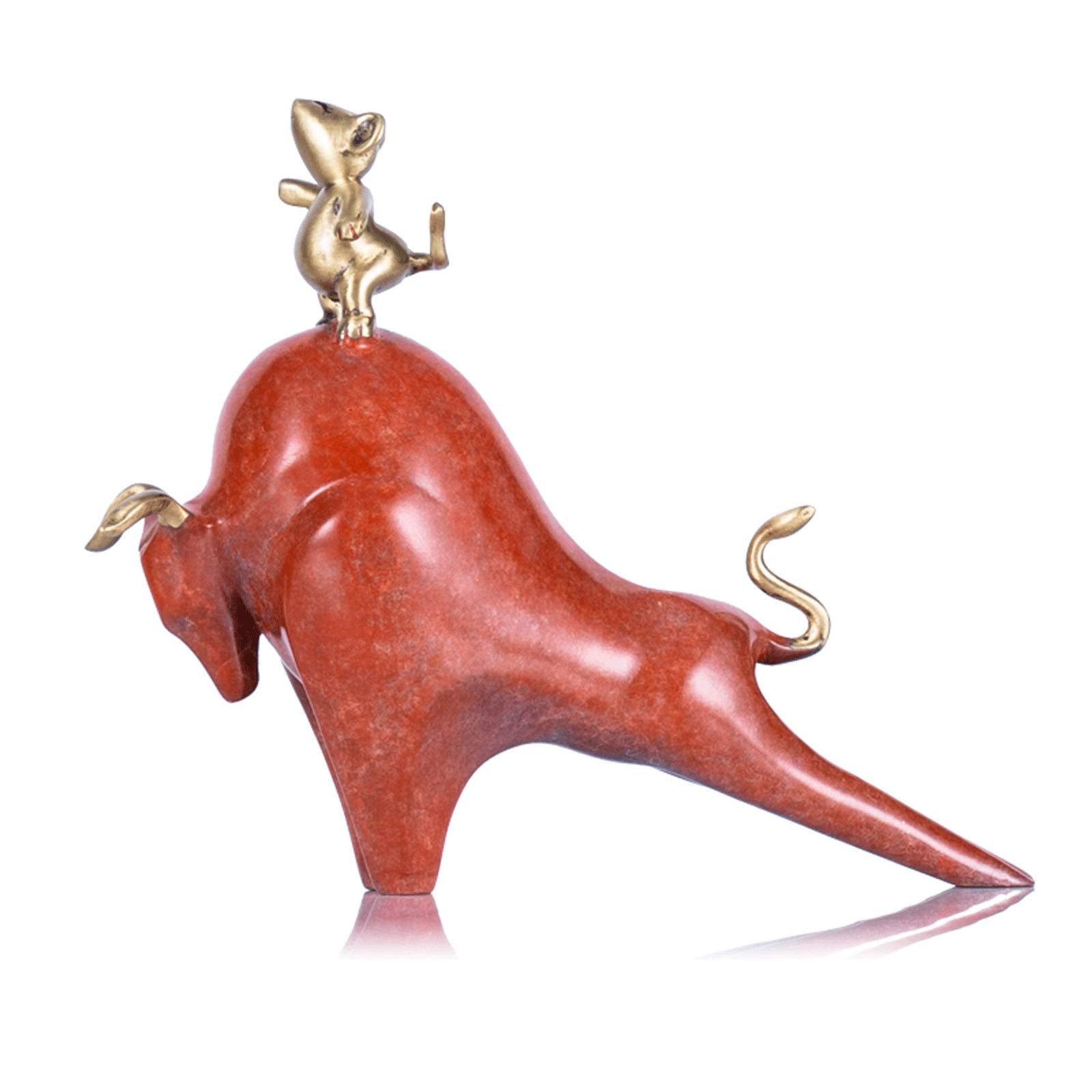 YNIYUJKL Feng Shui Ornaments Bronze Bull Statue, Creative Home Ornaments/Decoration/Little Mouse Standing On The Back Of The Bull Creative Figurine Sculptures,Red,yellow-A