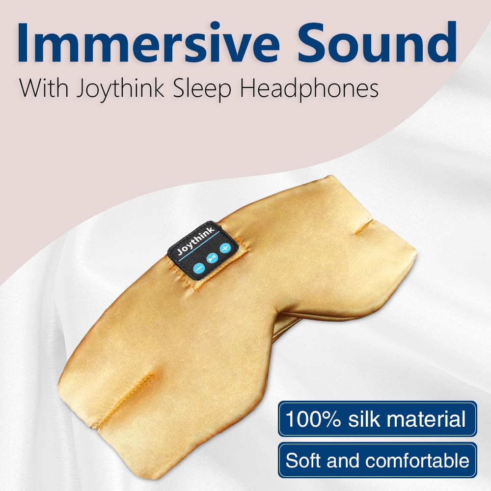 Joythink Cuffie per dormire Bluetooth Maschera per dormire Fascia di seta Auricolari Maschera per dormire sul lato Blackout Morbido Sonno Auricolari Bambini Bambini Musica Eye Cover Champagne Oro