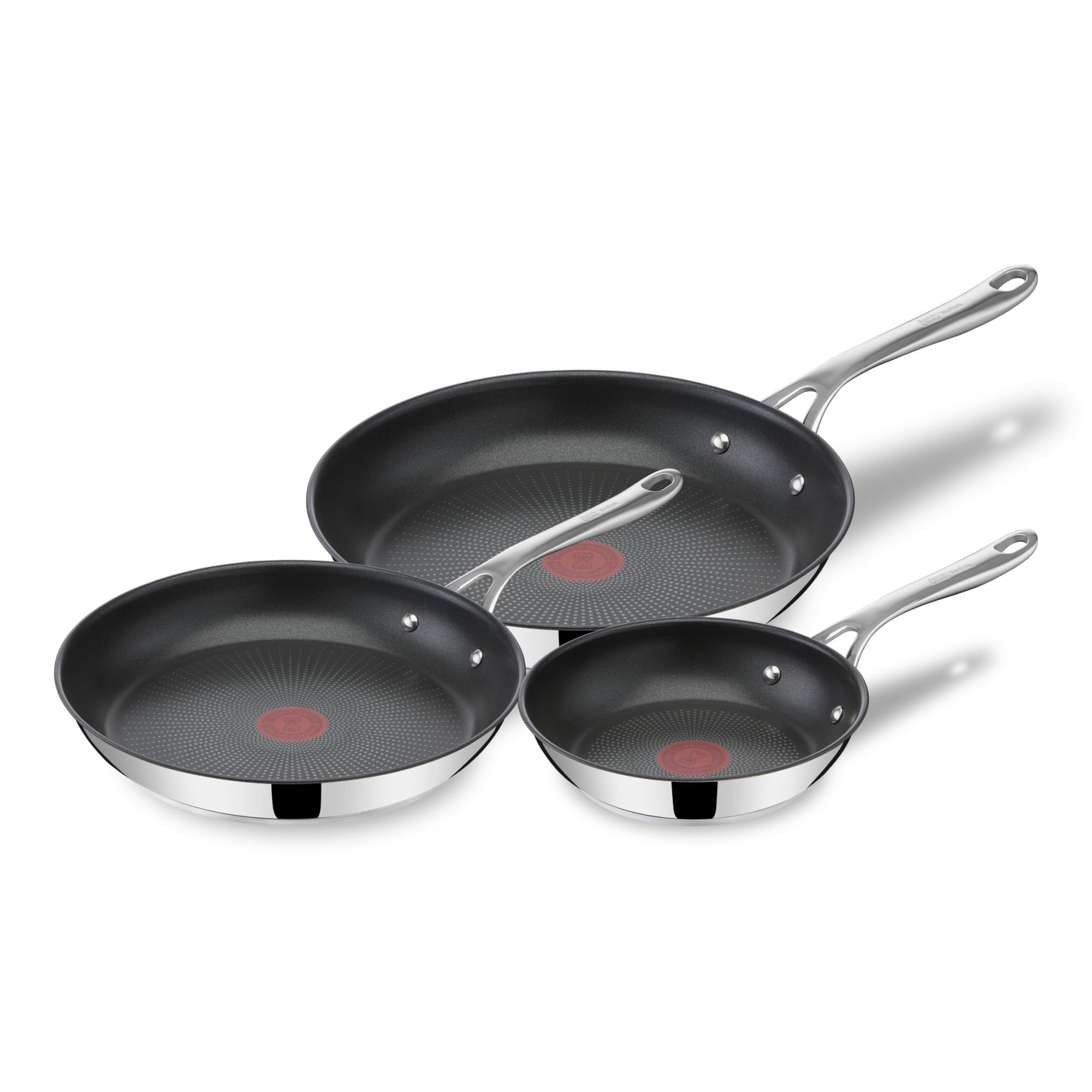 Jamie Olivers Cook's Direct Inox Batterie de cuisine 3 poêles 20/24/28 cm, Revêtement antiadhésif, Indicateur de cuisson, Poignée sûre rivetée, Induction E304S344