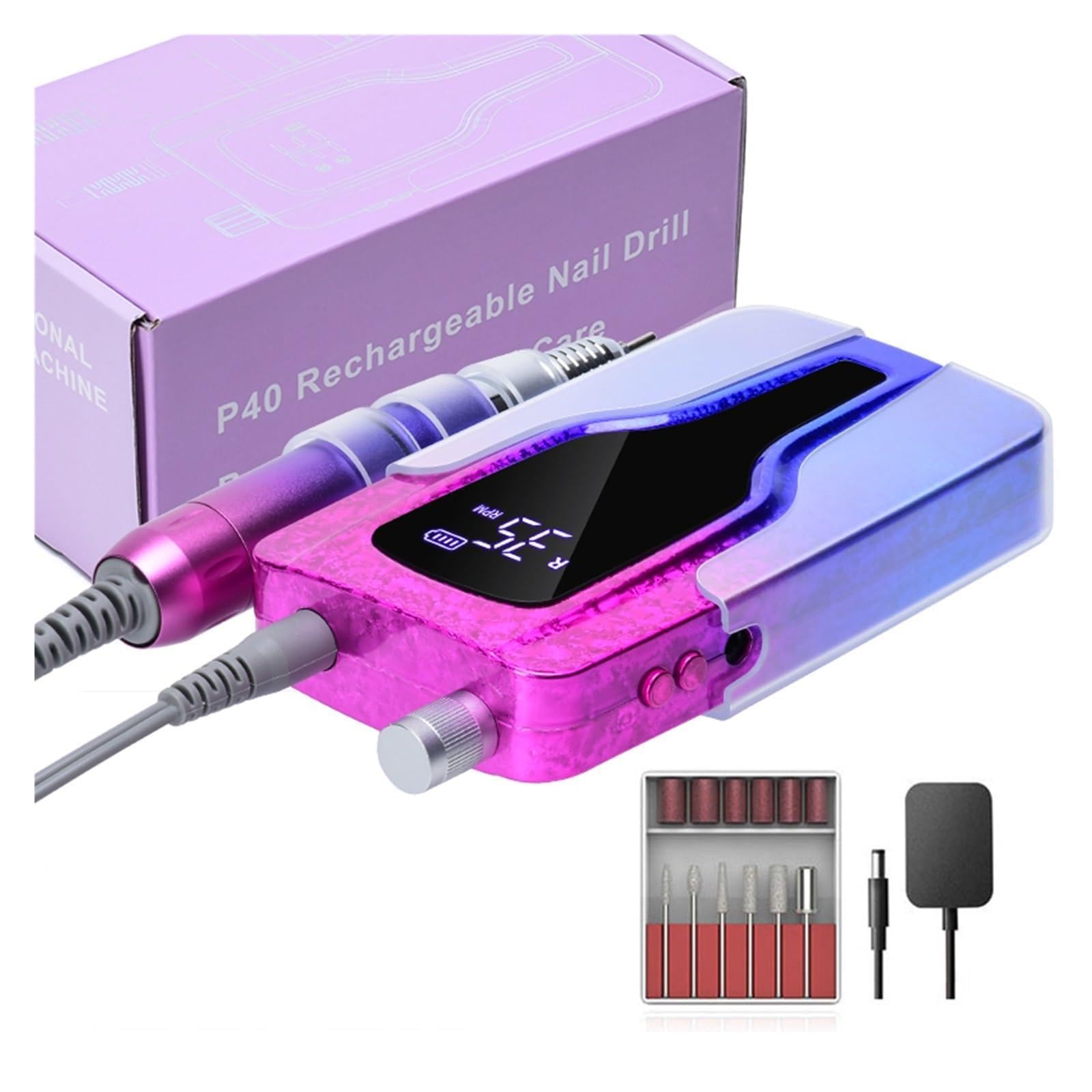 Torno para Uñas, Taladro eléctrico de uñas de 35000RPM, lijadora de uñas recargable, juego de removedor de gel con pantalla LED, equipo portátil de pulido de salón de uñas(P40 SET 1)