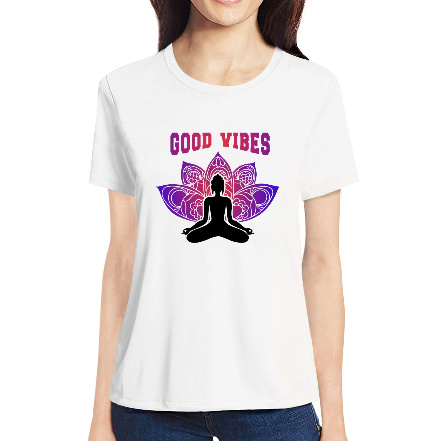 pooplu Women's Regular Fit Good Vibes Cotton Graphic Printed V Neck Half Sleeves Black and White Yoga Tshirt. Yoga, Meditation, Exercise, Pootlu Tops and Tshirts-picture-36