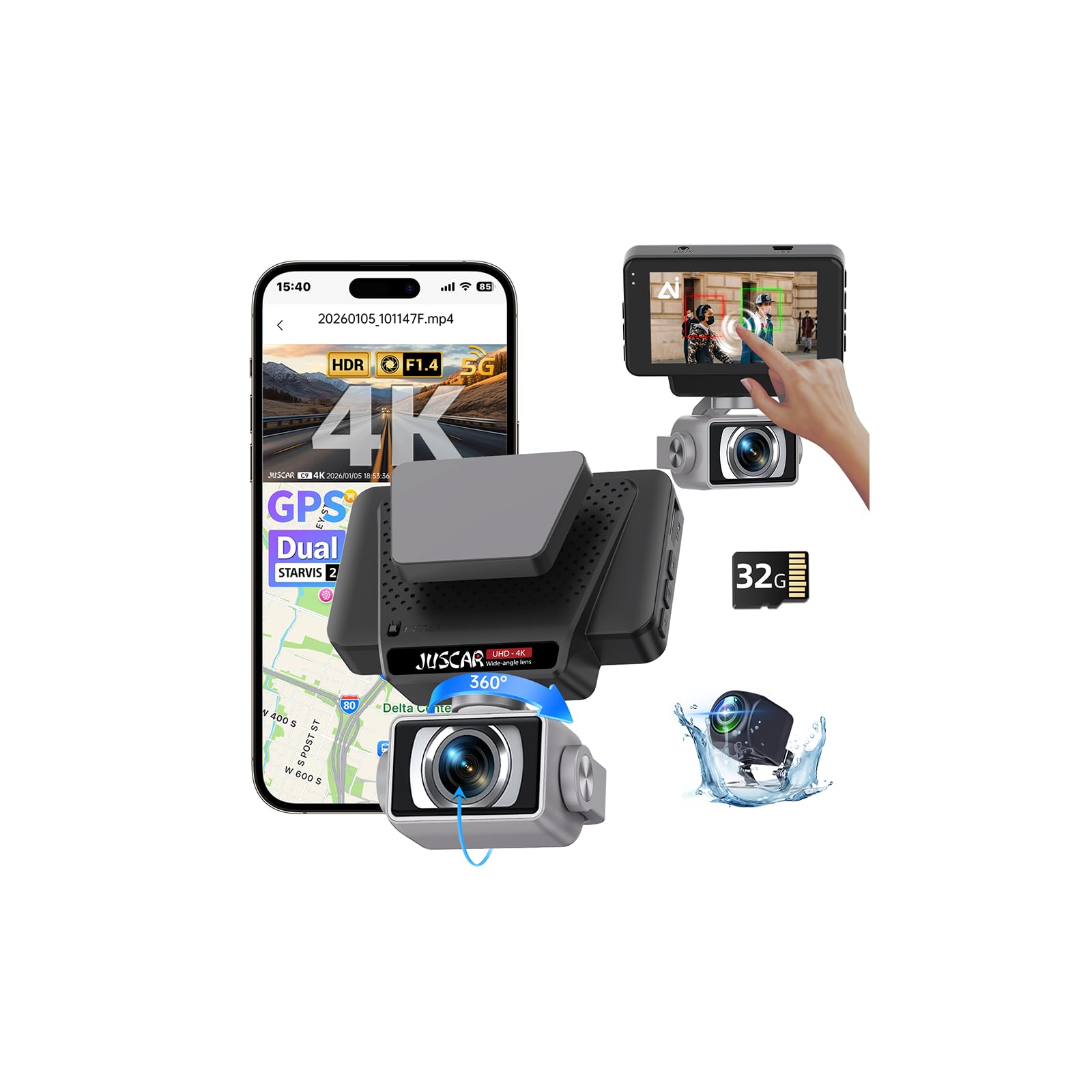 2026 AI Drive Assist 5G WiFi Dash Cam Front and Rear UHD 4K 1080P ADAS GPS 360 Rotating