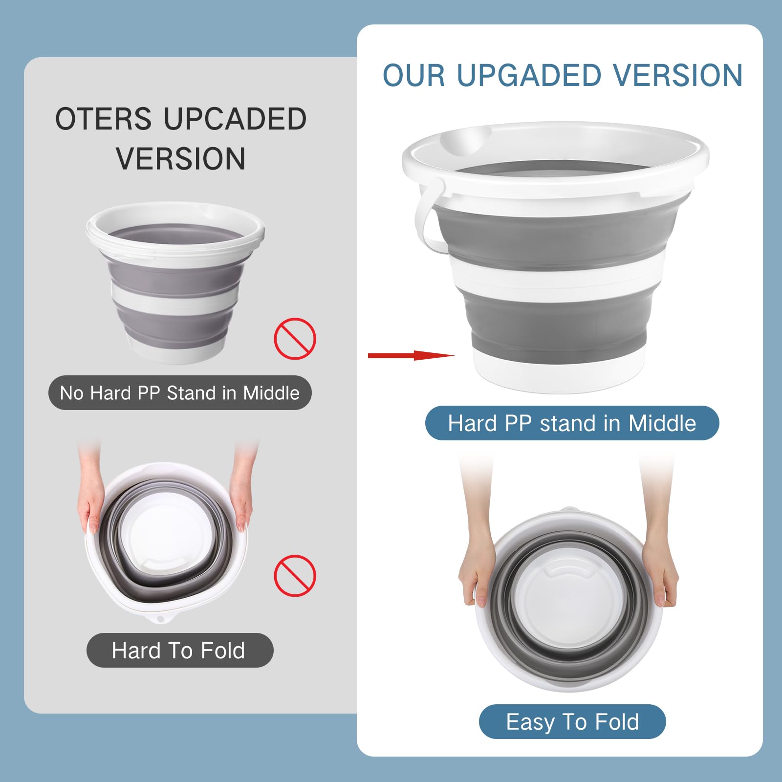 Pickmesh 4 cubos plegables de 2.6 galones (10 l), cubo de limpieza portátil de gran capacidad para el hogar, para pesca al aire libre, lavado de autos (gris)