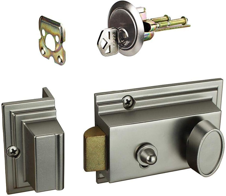 Defiant Satin Nickel Deadbolt Lock with Night Latch, Holdback Button Single Cylinder Rim and Two Keys - Heavy Duty Defender Security Door Lock Hardware