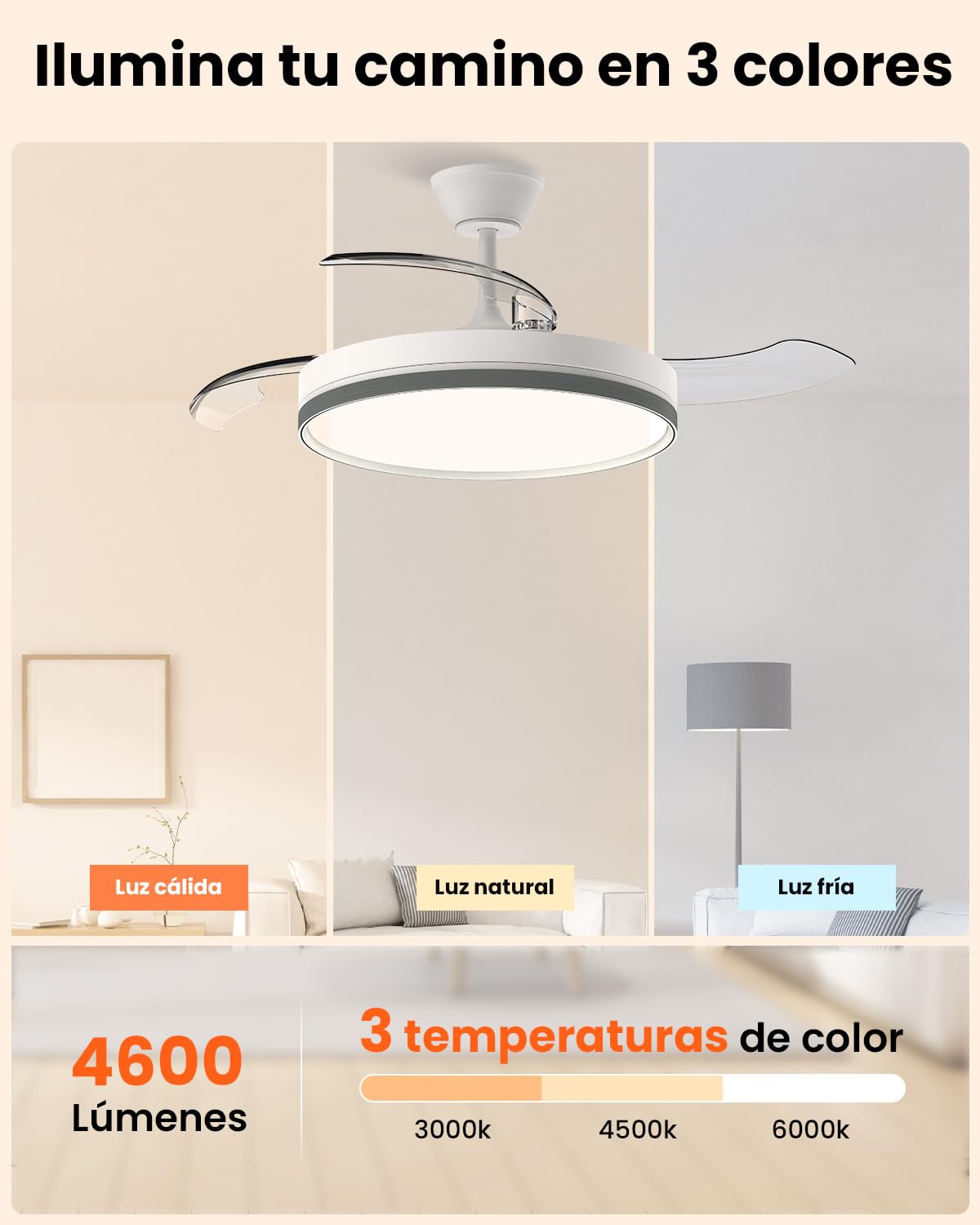 Airwit 106cm Ventilador de Techo con Luz Aspas Retráctiles, 69W Lampara Ventilador Techo Silencioso con Mando y DC Motor para Dormitorio, Salon, Cocina, Temporizador (Blanco)