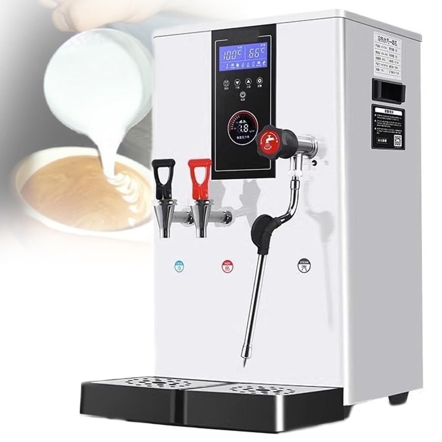 Espumador de leche comercial con sistema de caldera doble, alta potencia, gran capacidad, bandeja de goteo extraíble, boquilla giratoria para tiendas de café y bebidas
