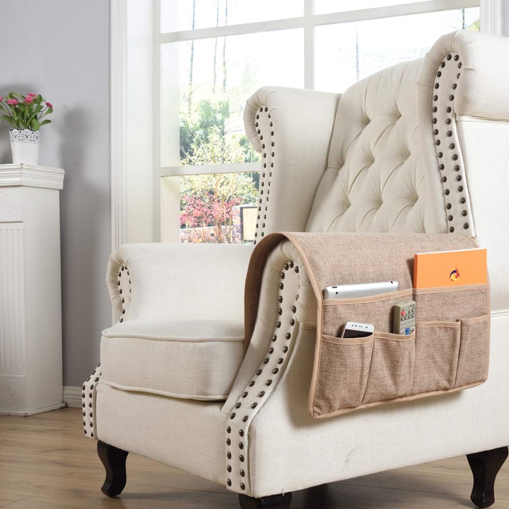 Kotile Couch Sofa Chair Armrest Caddy Organizer with 6 Pockets Faux Linen, Elegant Armchair Caddy Fits Remote Control Organizer, Cell Phone, Glasses, Magazine Holder (Khaki)