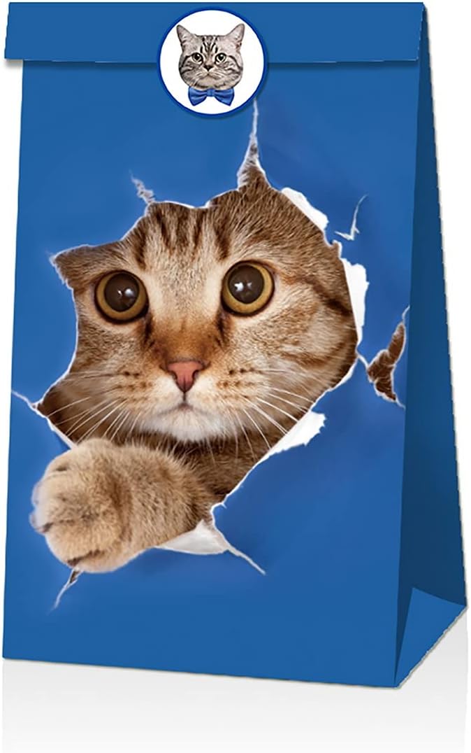 12 PCS Cat Party Favor Bags, Pet Adoption Cat Theme Party Decoration Gift Bags, Kids Birthday Gift Bags with Stickers - Image 5