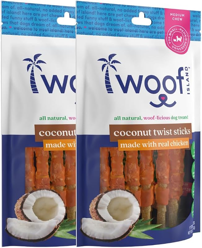 Petisco mastigável de coco para cães com frango real Woof Island – 2 unidades