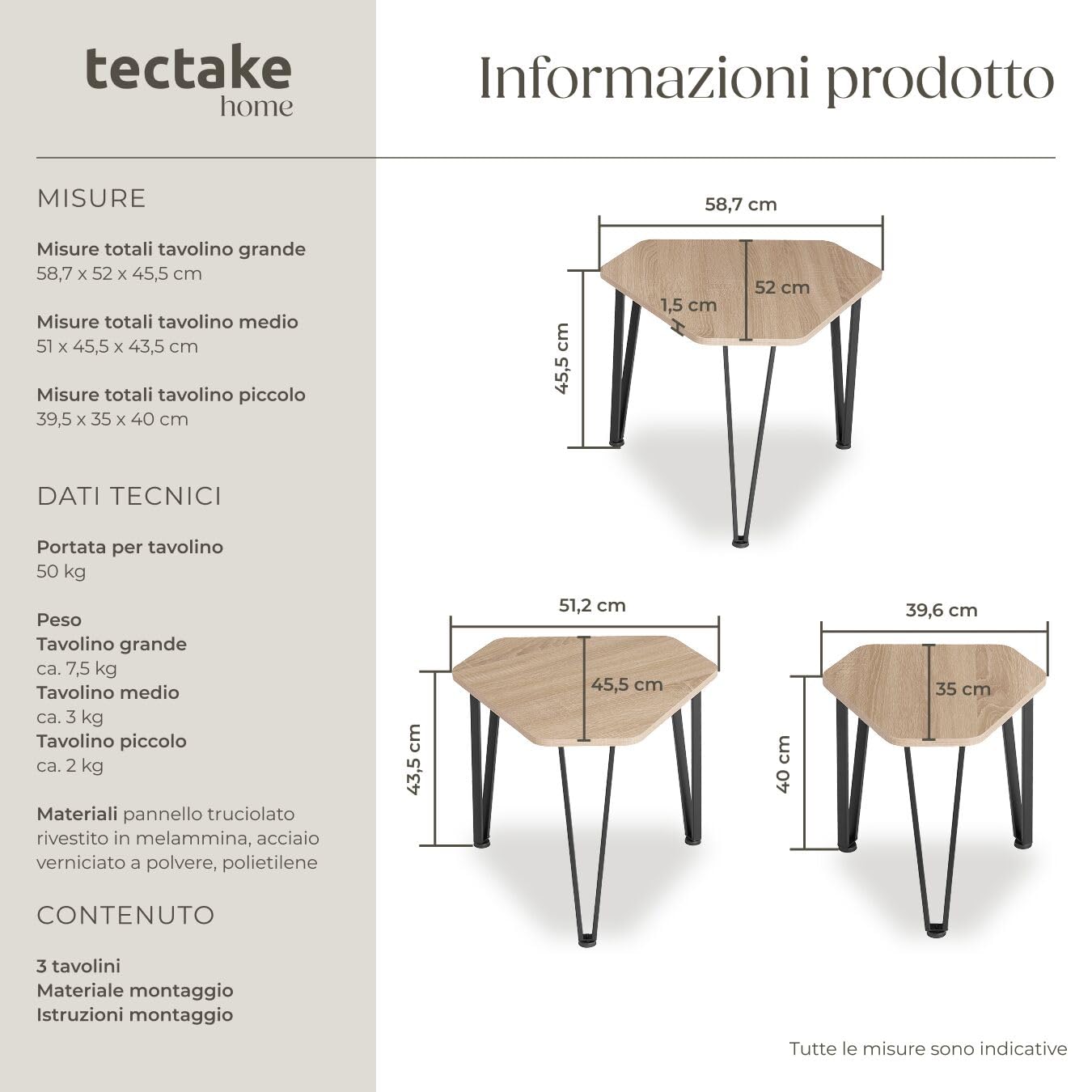 tectake 801115 Set tavolini Torquay, Piedi in plastica regolabili in altezza, Facile da curare (Industriale legno chiaro, rovere Sonoma)