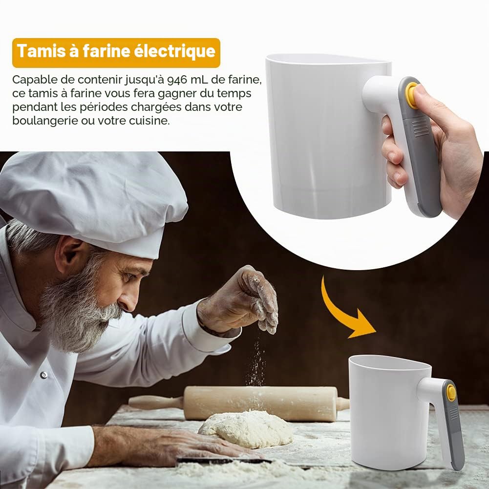 Tamis à farine électrique à piles, en acier inoxydable, outil de cuisson, shaker en maille en acier inoxydable, passoire à poudre, passoire à pâtisserie (blanc) Taille unique